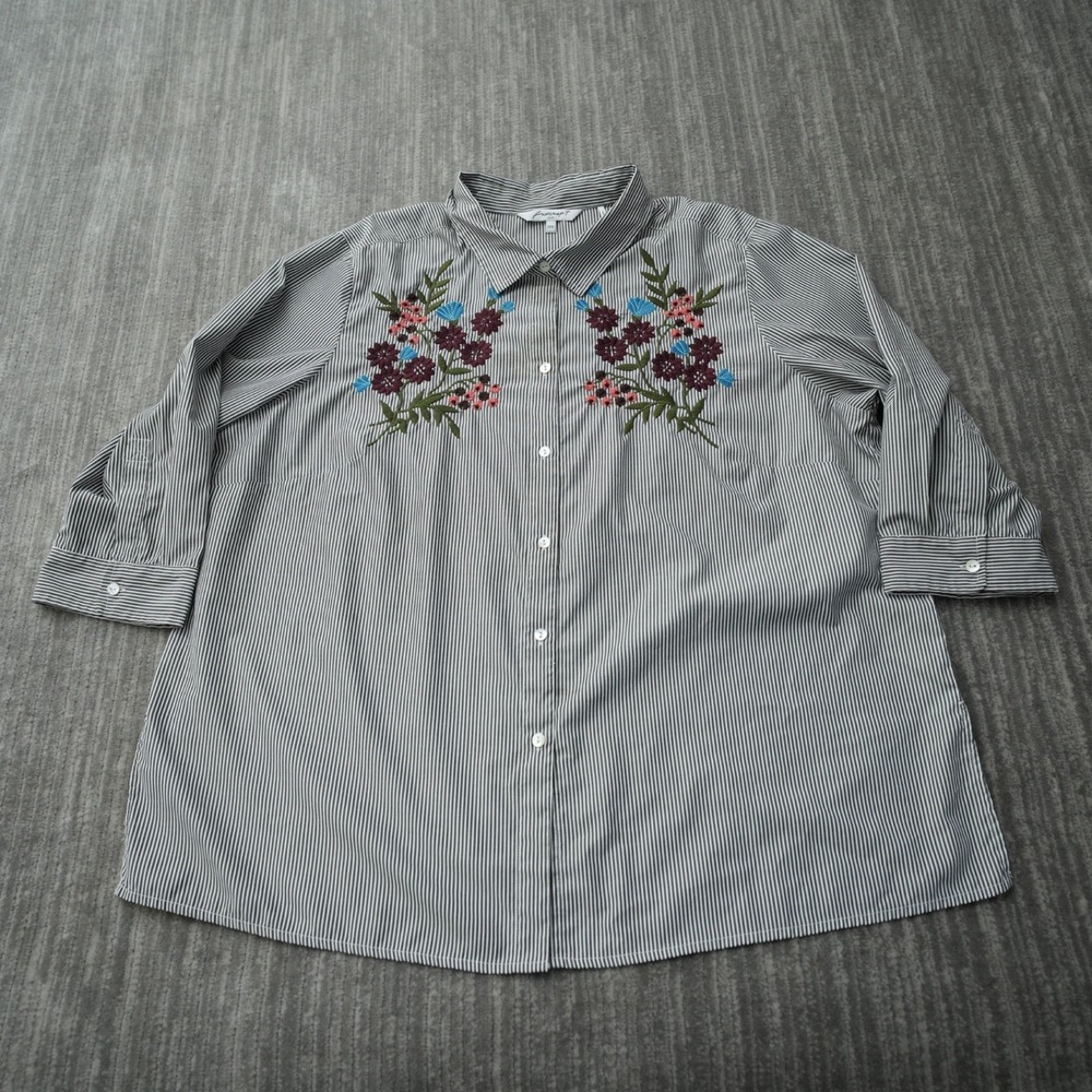 Foxcroft Shirt Women‎ Button Up Striped Floral White Black Blouse 3/4 Sleeve 20W